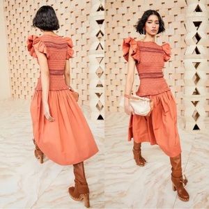 NWT ULLA JOHNSON Smocked Flutter Sleeve Cotton Poplin Jersey Midi Dress in Clay